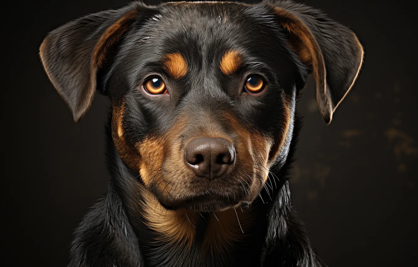 Photo wallpaper look, face, the dark background, dog, front, Rottweiler, digital art, AI art