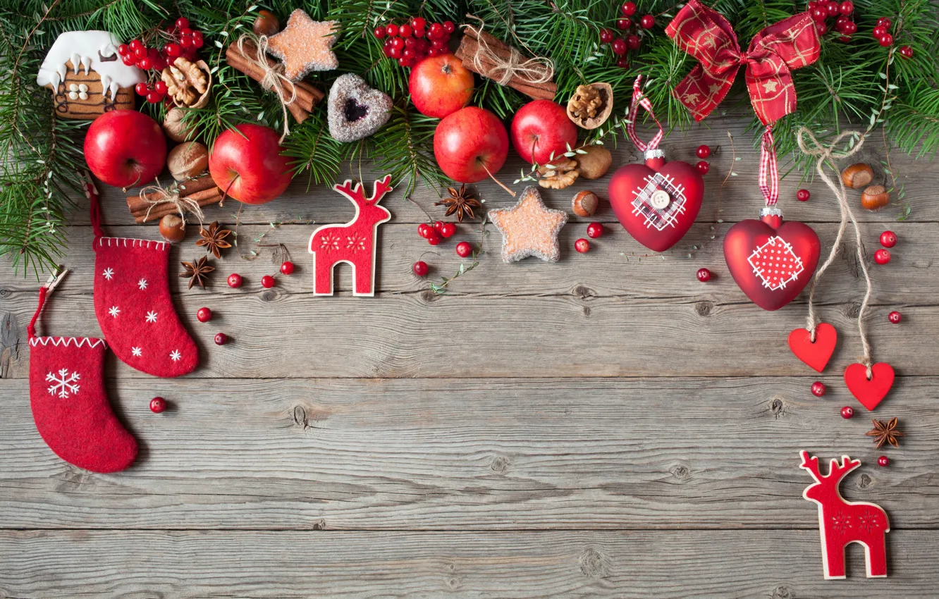 Photo wallpaper decoration, berries, balls, apples, tree, new year, cookies, Christmas