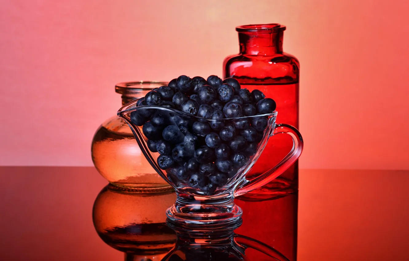 Photo wallpaper glass, reflection, berries, table, bottle, blueberries, red background, blueberries