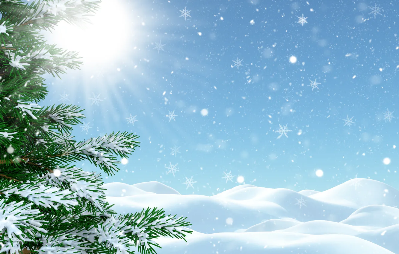 Photo wallpaper winter, frost, the sky, the sun, rays, light, snow, snowflakes