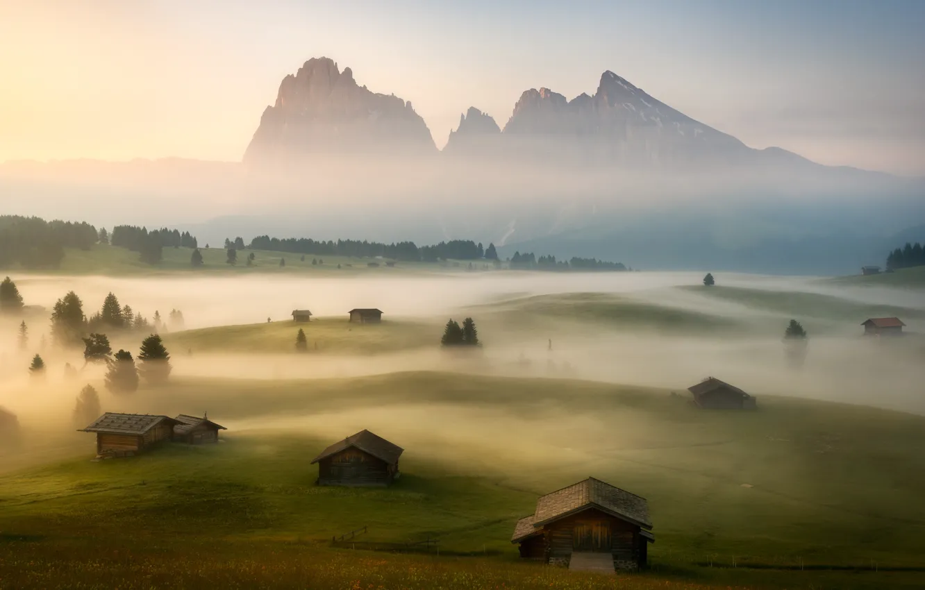 Photo wallpaper field, fog, morning, village, Alps, houses