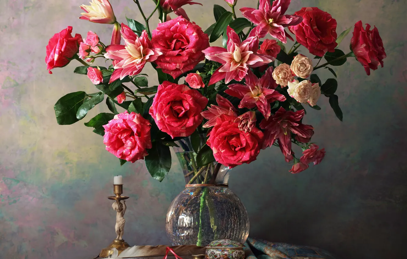 Photo wallpaper flowers, Lily, roses, fabric, vase, still life, table, candle holder