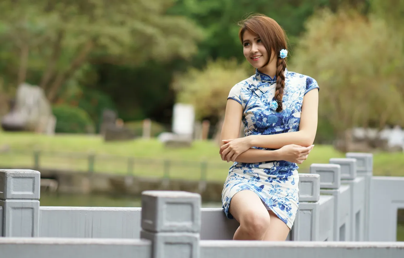 Photo wallpaper dress, braid, Asian, bokeh