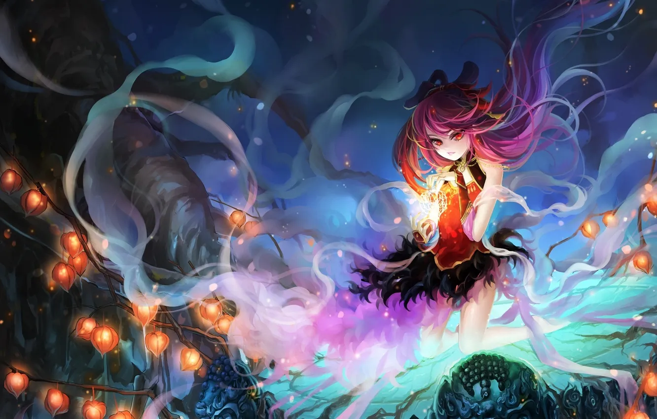 Photo wallpaper girl, branches, magic, art, lights, red eyes, huazha01