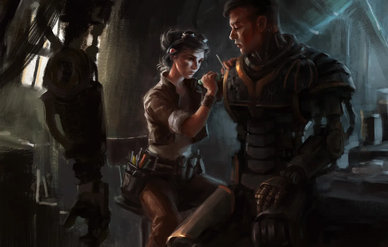 Photo wallpaper girl, metal, robot, mechanic, hands, art, guy, repair