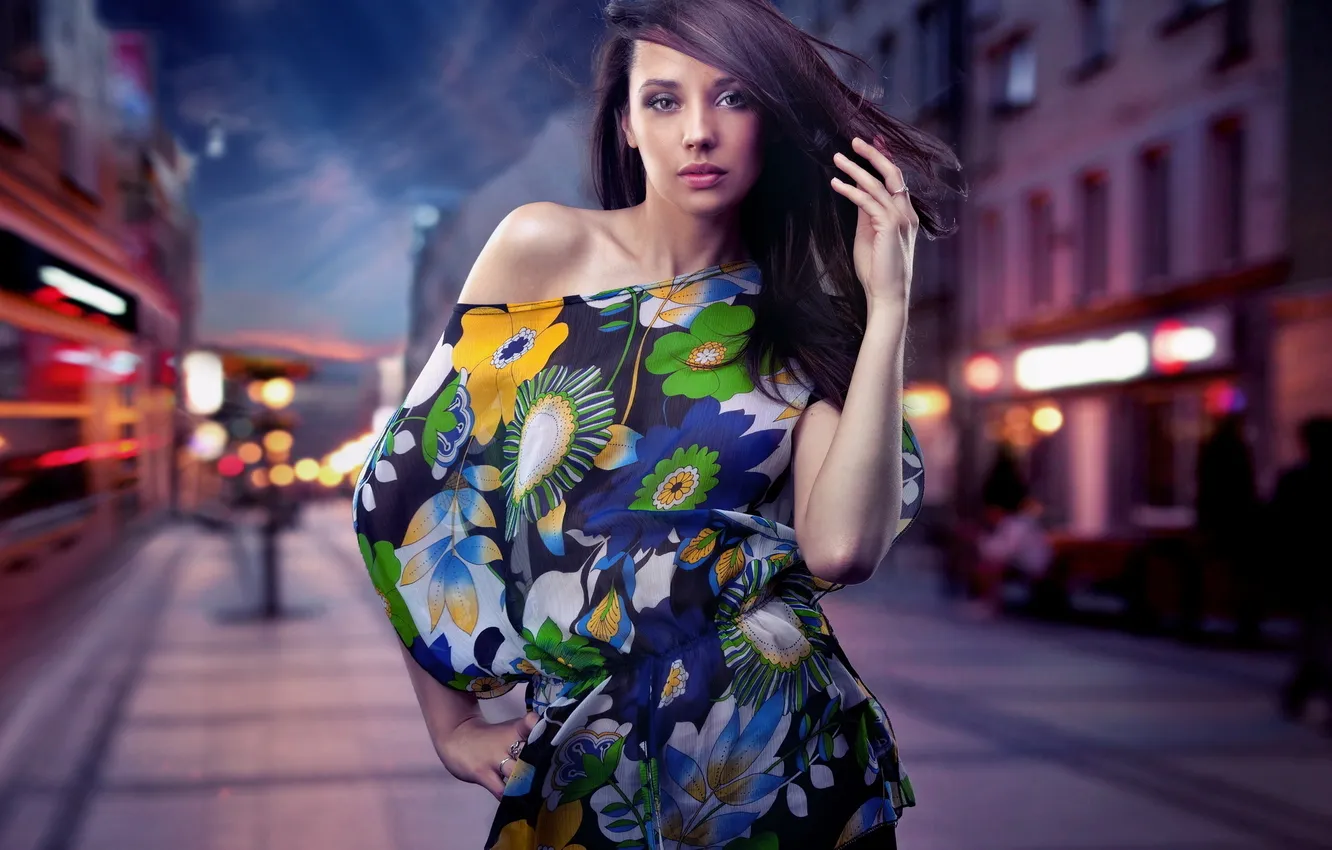 Photo wallpaper the city, pose, background, street, blur, dress, brunette
