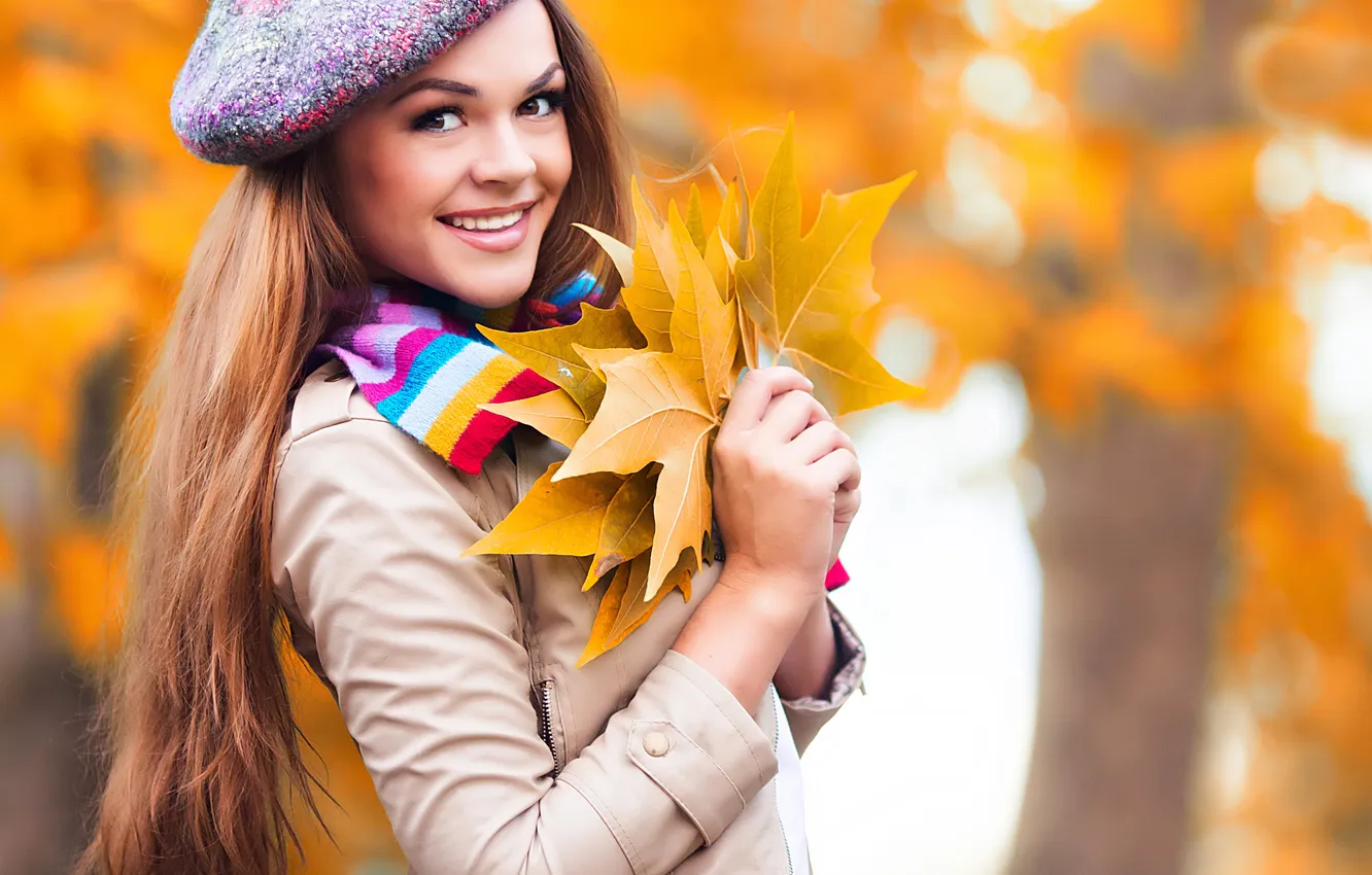 Photo wallpaper autumn, look, leaves, girl, hair, makeup, jacket, beautiful