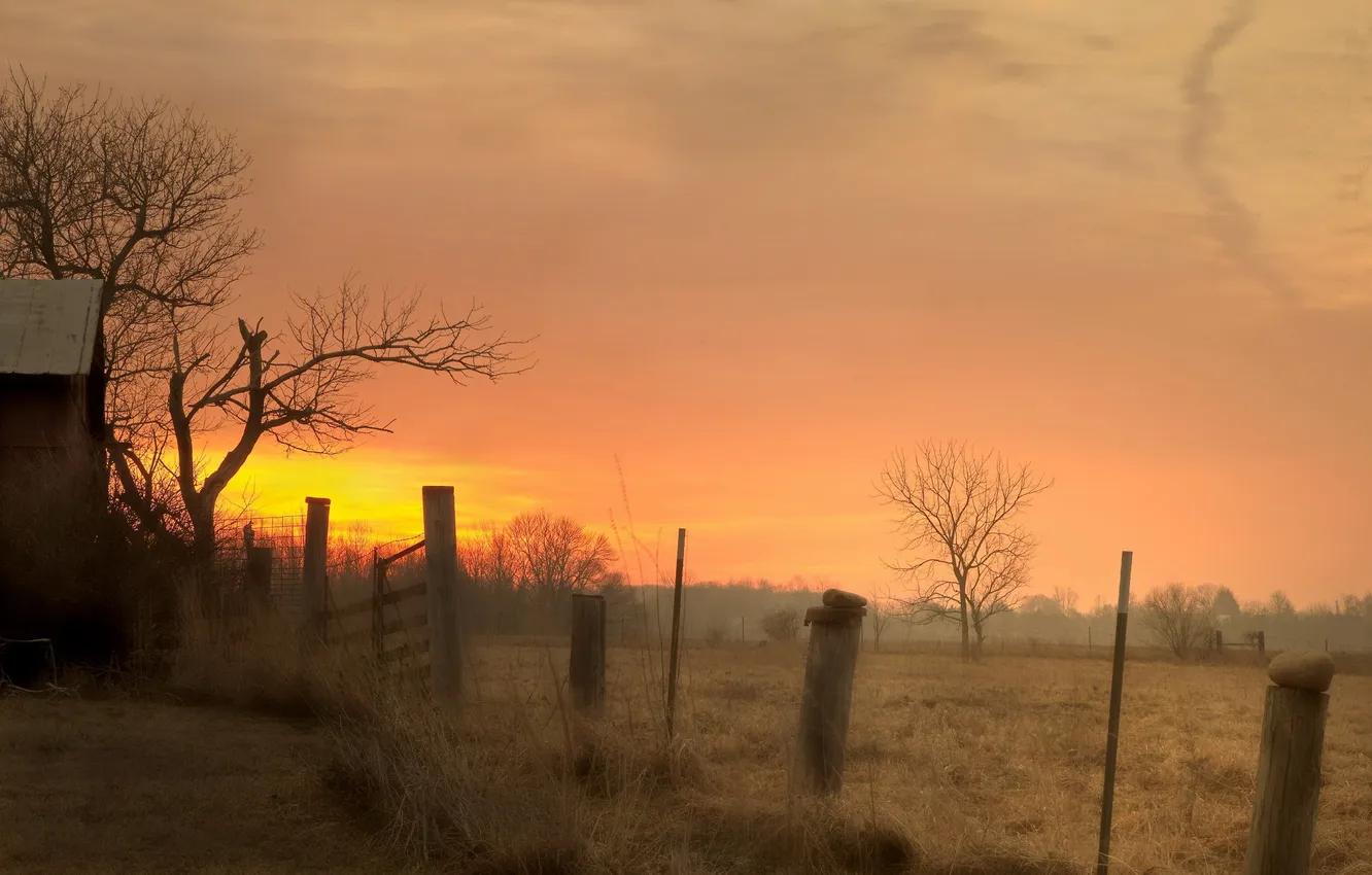 Photo wallpaper landscape, sunset, the fence, home