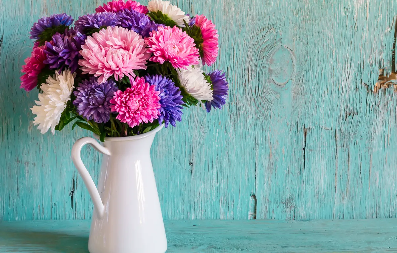 Photo wallpaper white, background, Board, bouquet, vase, pitcher, colorful, asters
