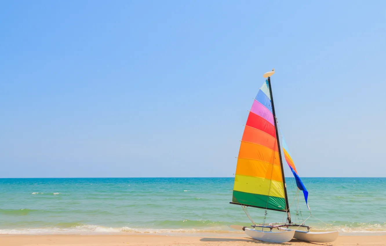 Photo wallpaper sand, sea, wave, beach, summer, the sky, boat, sailboat