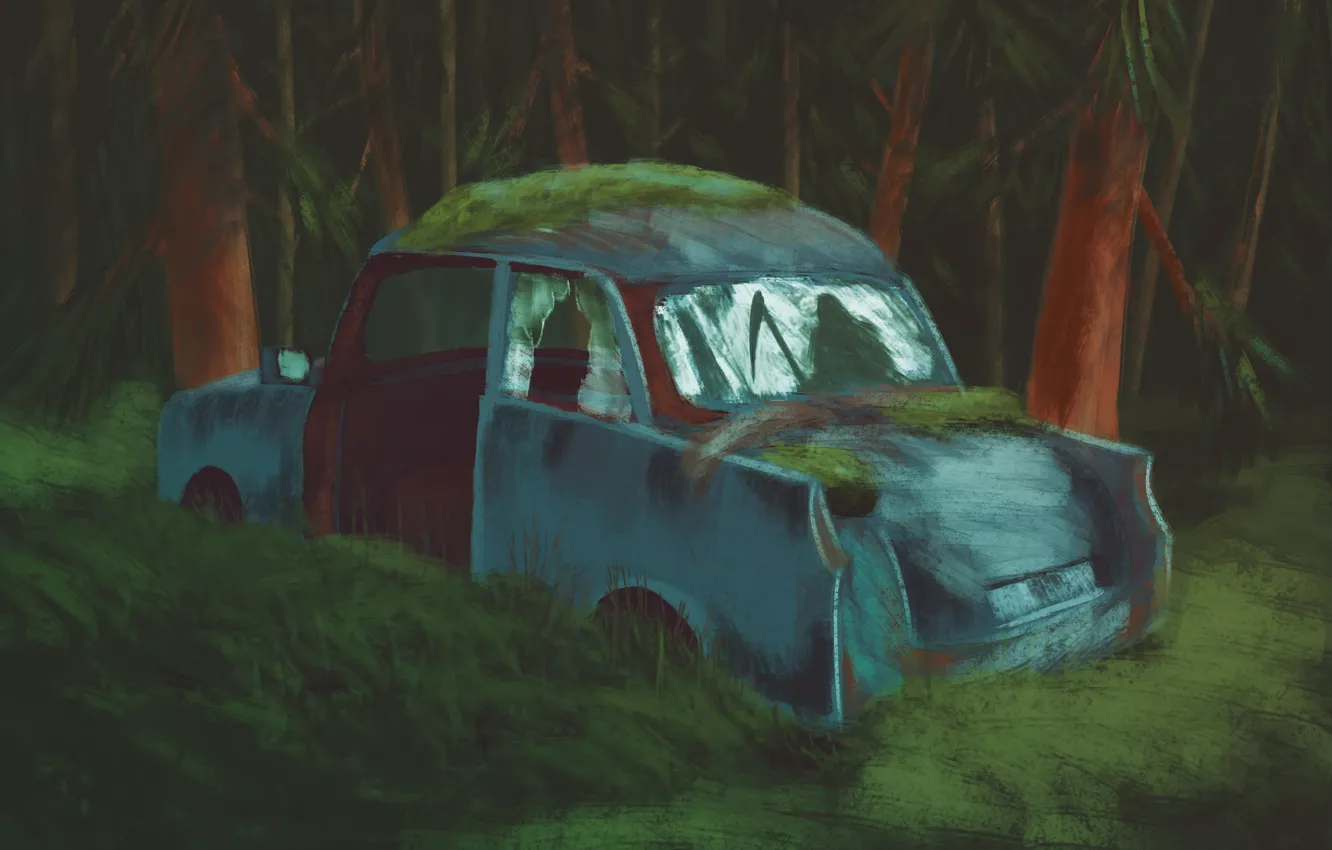Photo wallpaper figure, abandoned car, car in the woods, forest night