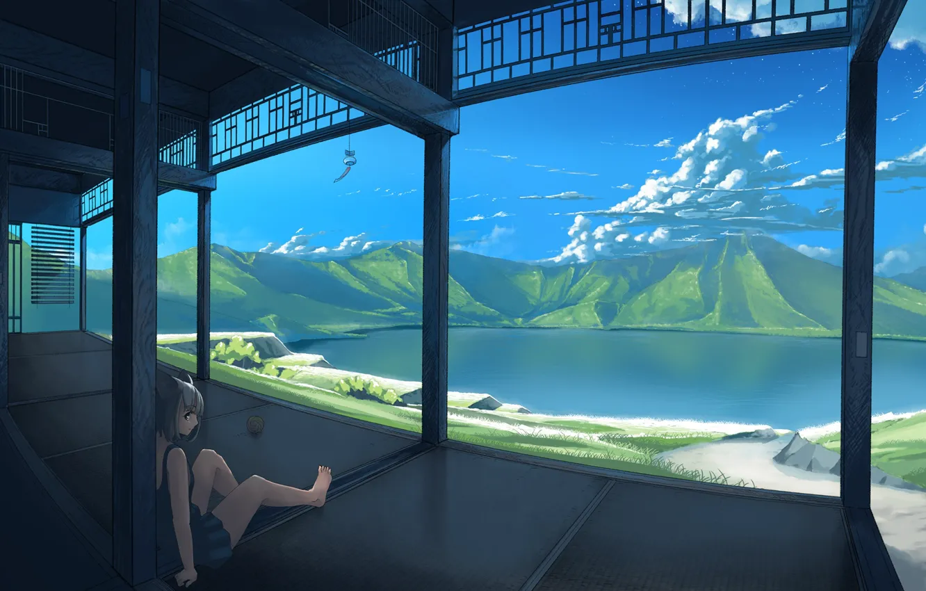 Photo wallpaper cat, girl, tangle, lake, hills, terrace
