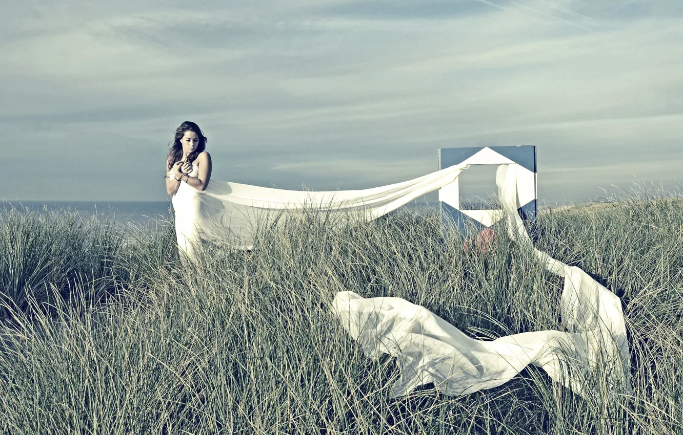 Photo wallpaper the sky, grass, girl, clothing, fabric