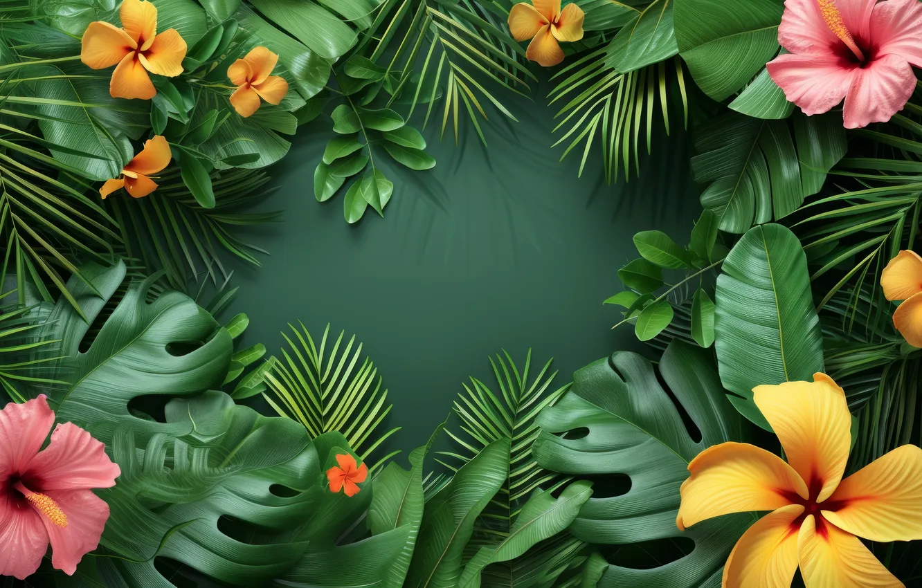 Photo wallpaper leaves, flowers, tropics, texture, frame, Exotic, Tropical Plants, AI art