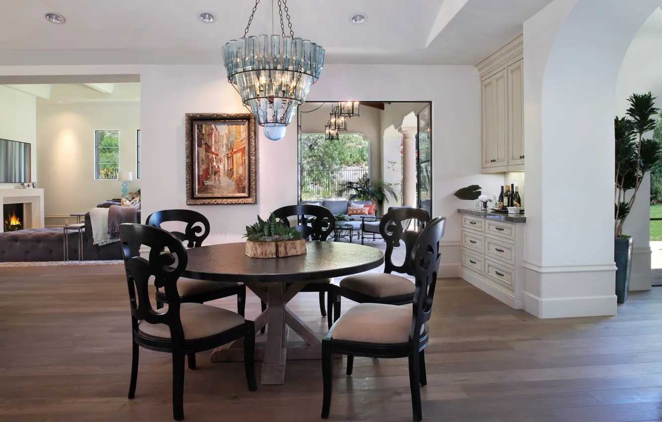 Photo wallpaper design, photo, table, plant, interior, chair, chandelier, living room