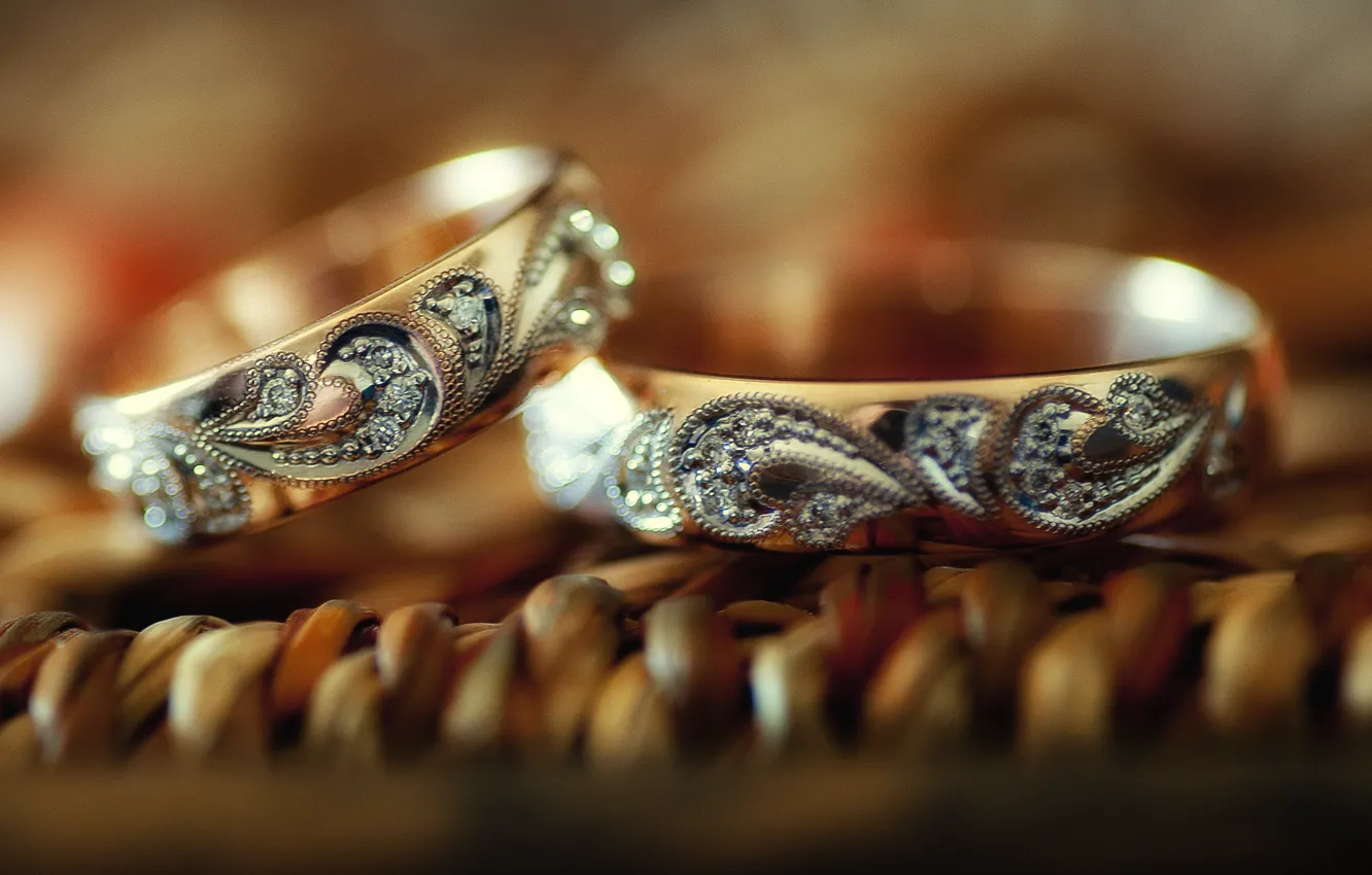 Photo wallpaper love, stones, gold, pattern, ring, rhinestones, pair, metal