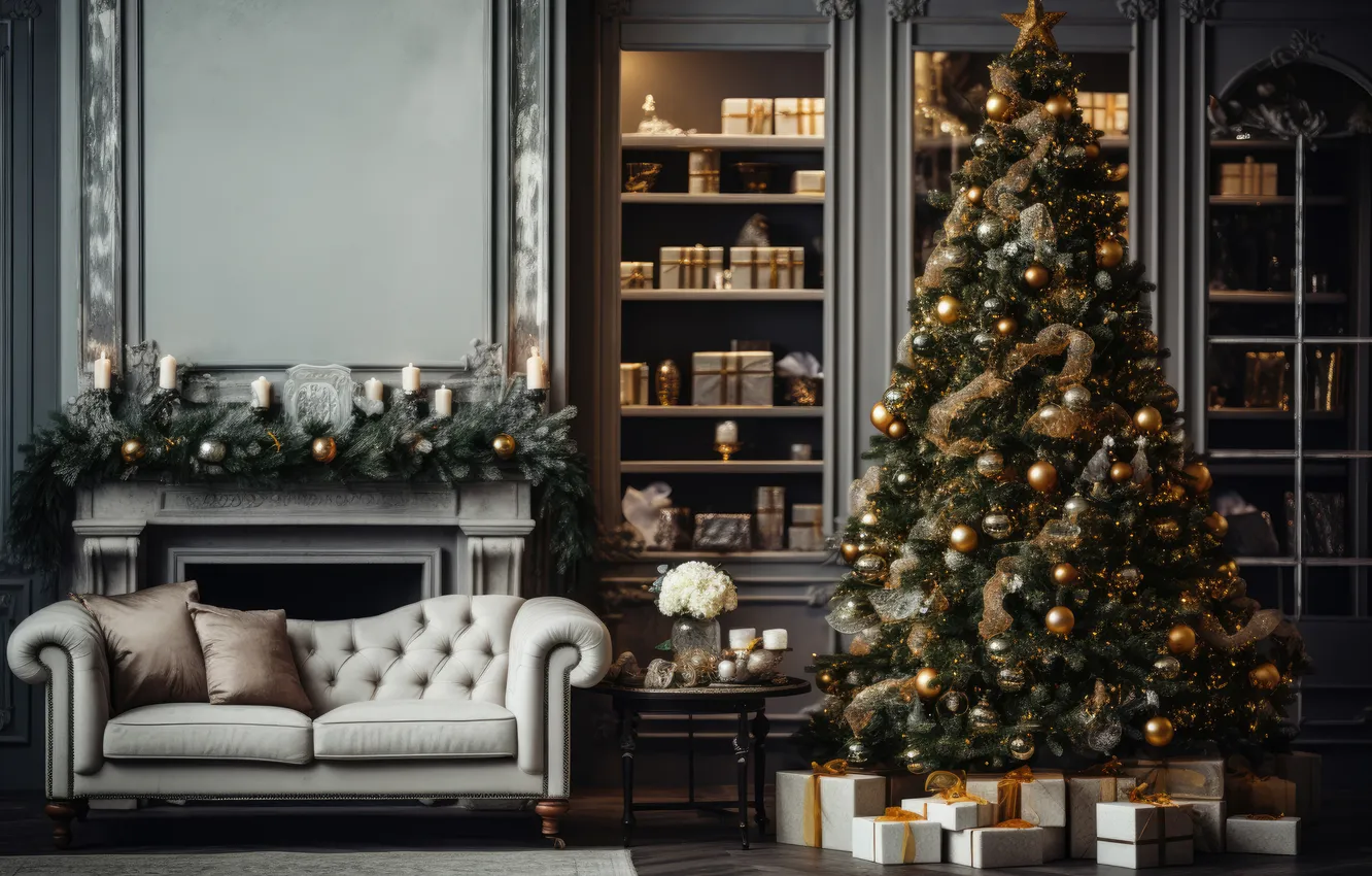 Photo wallpaper room, tree, interior, Christmas, New year, Christmas, view, tree