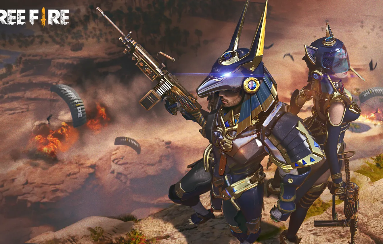 Photo wallpaper the explosion, weapons, the game, parachute, game, two, characters, a man and a woman