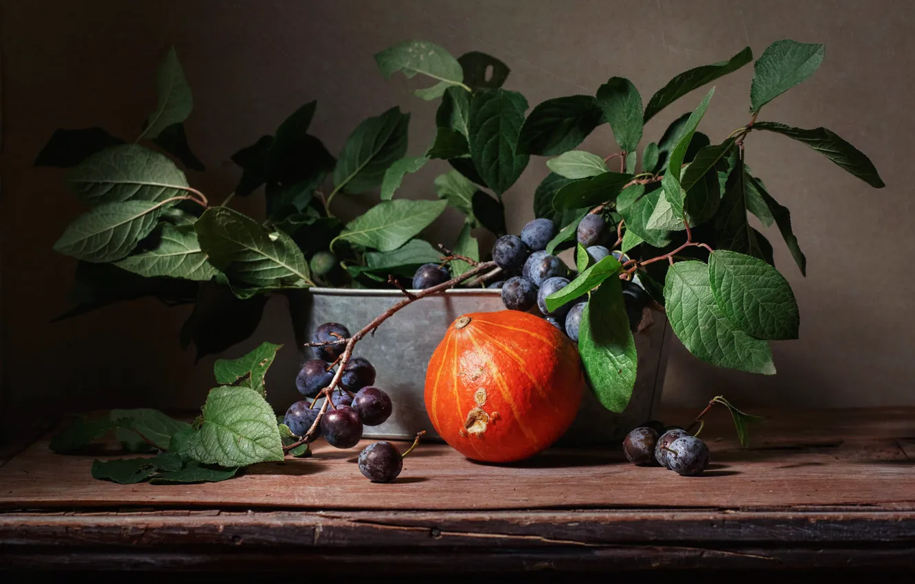 Photo wallpaper leaves, branches, pumpkin, still life, plum