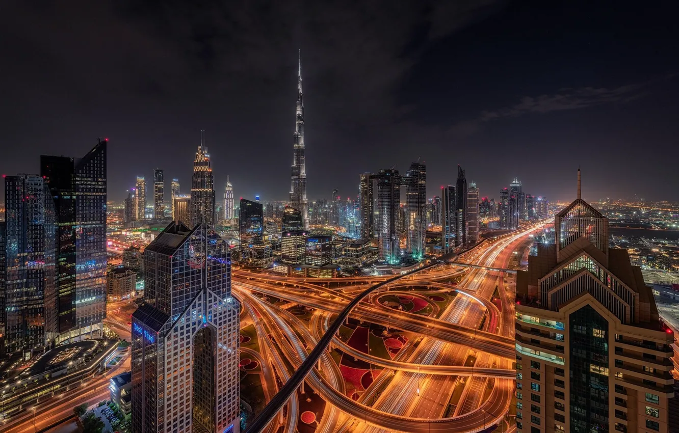 Photo wallpaper night, the city, road, lighting, Dubai
