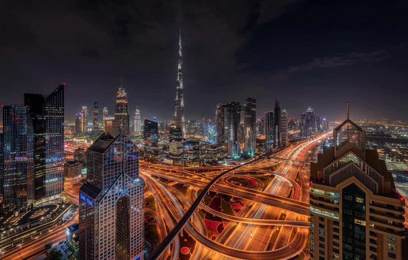 Photo wallpaper road, night, the city, lighting, Dubai