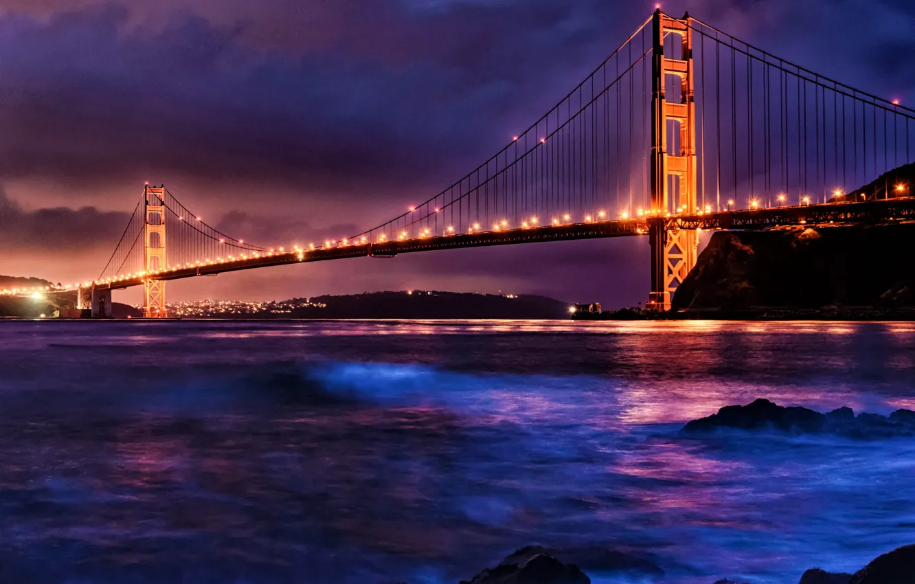 Photo wallpaper landscape, mountains, night, bridge, Strait, lighting, CA, San Francisco