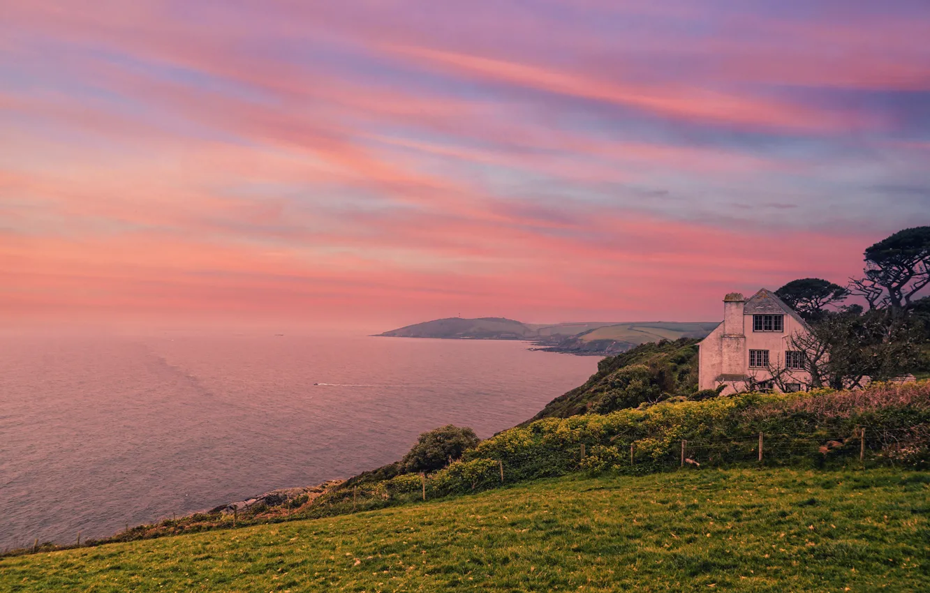 Photo wallpaper sea, trees, house, dawn, shore, glade, dal, morning