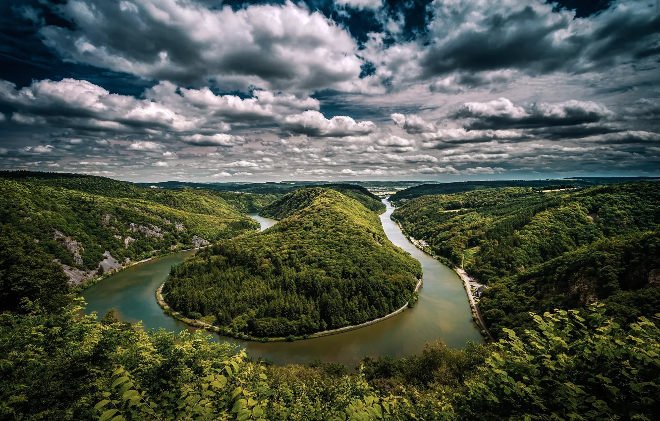 Photo wallpaper forest, clouds, river, hills, Germany, Germany, Island Loop, Saar River
