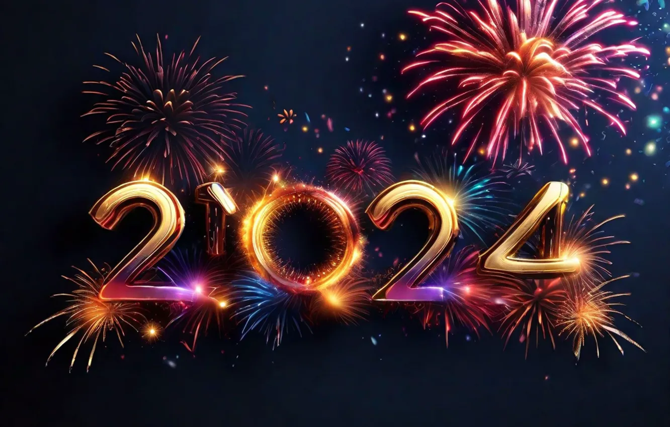 Photo wallpaper new year, salute, colorful, figures, golden, Neon, New Year, numbers