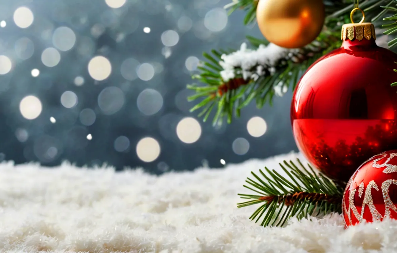 Photo wallpaper balls, branches, new year, Christmas, needles