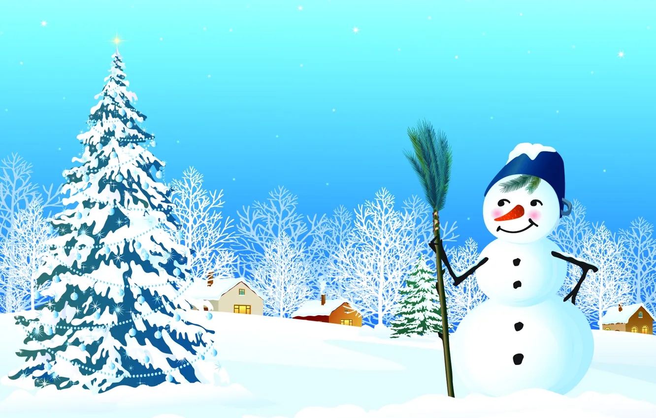 Photo wallpaper snow, Windows, stars, houses, snowman, tree, Christmas decorations, new year's eve