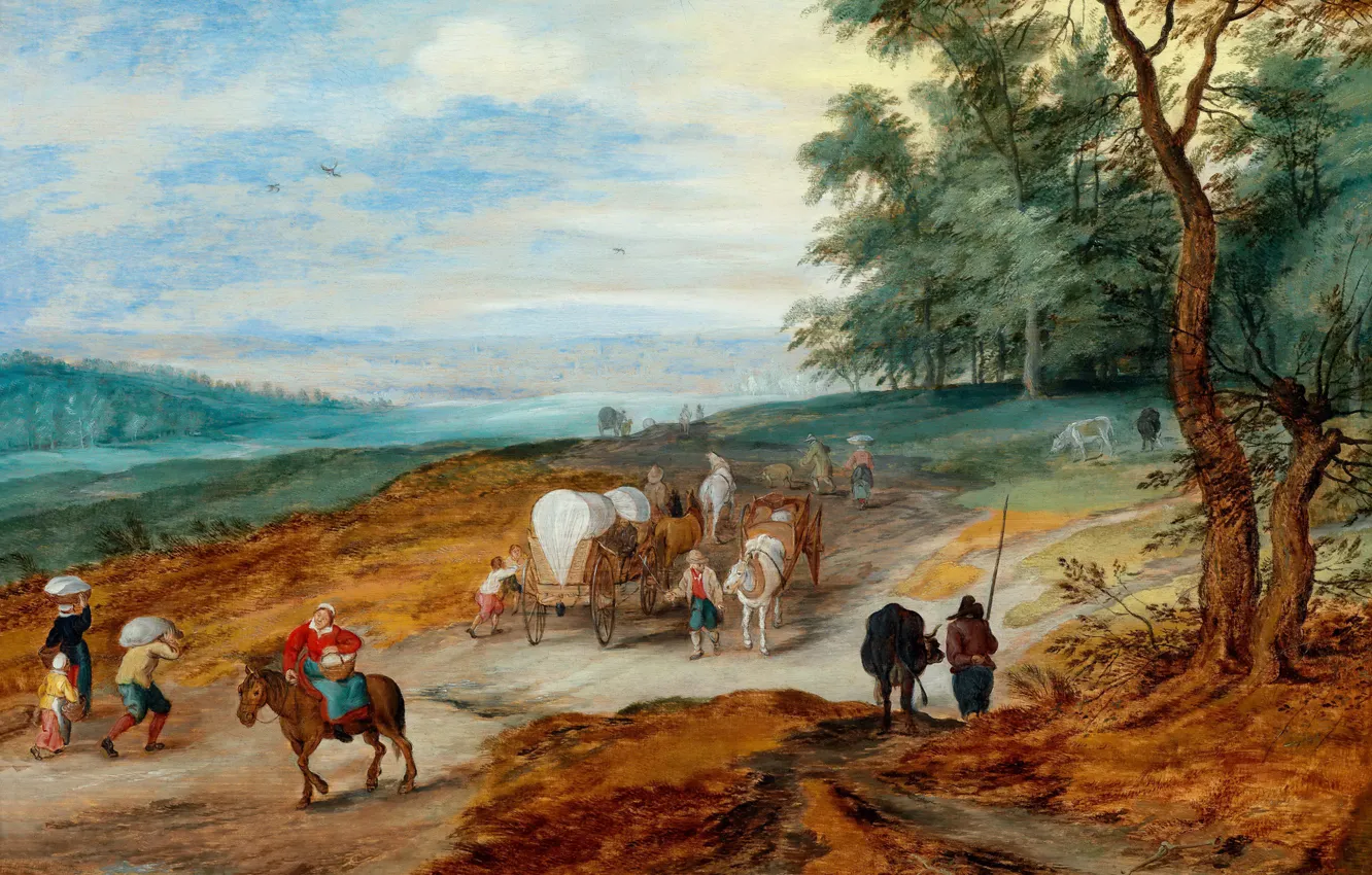 Photo wallpaper people, picture, wagon, A landscape with Travelers, Jan Brueghel the younger