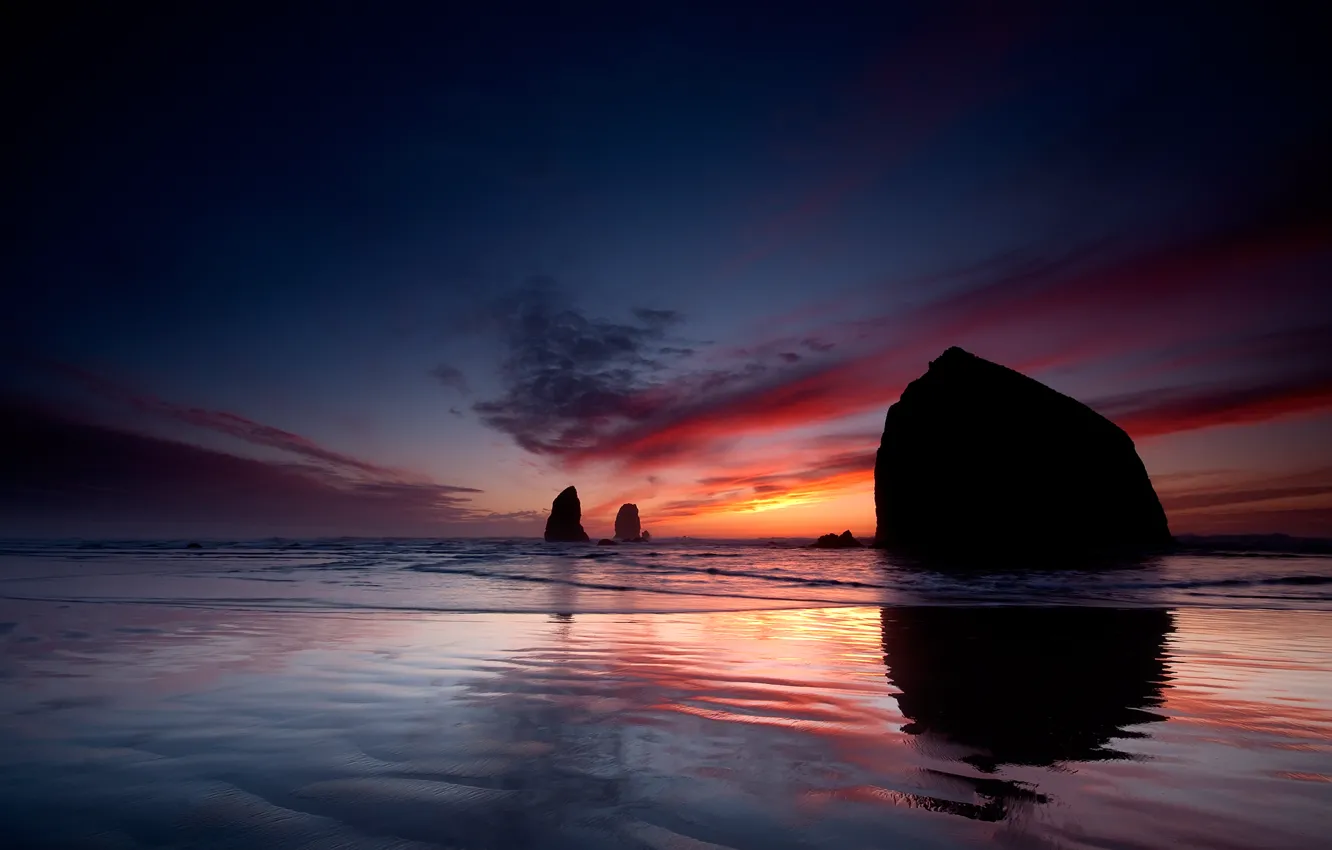Photo wallpaper sea, beach, sunset, rocks, silhouettes