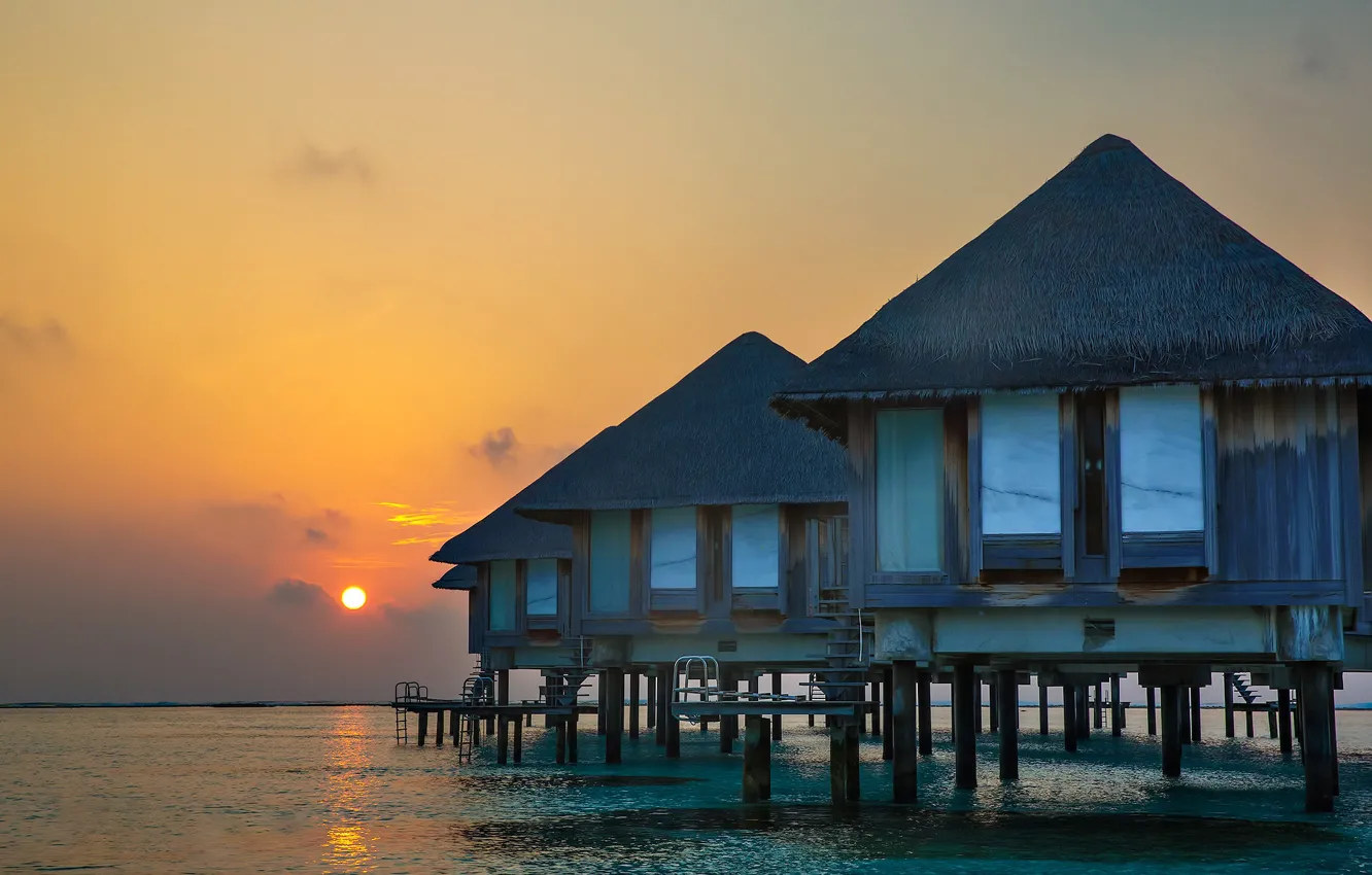 Photo wallpaper sunset, stay, Paradise, The Maldives, Bungalow, The Indian ocean