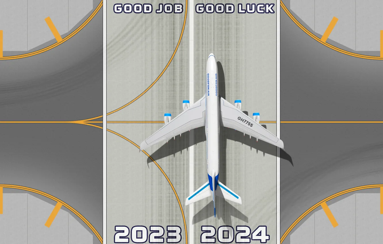 Photo wallpaper airplane, happy new year, New Year, Good Luck, Airport, Runway, 2024, 2024 year