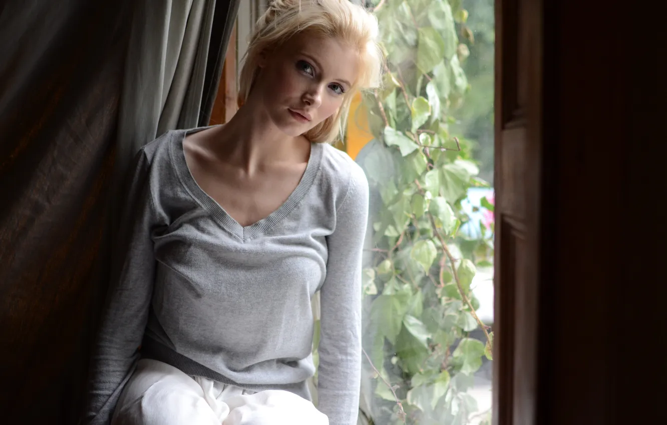 Photo wallpaper look, girl, window, blonde, graceful, dark-eyed