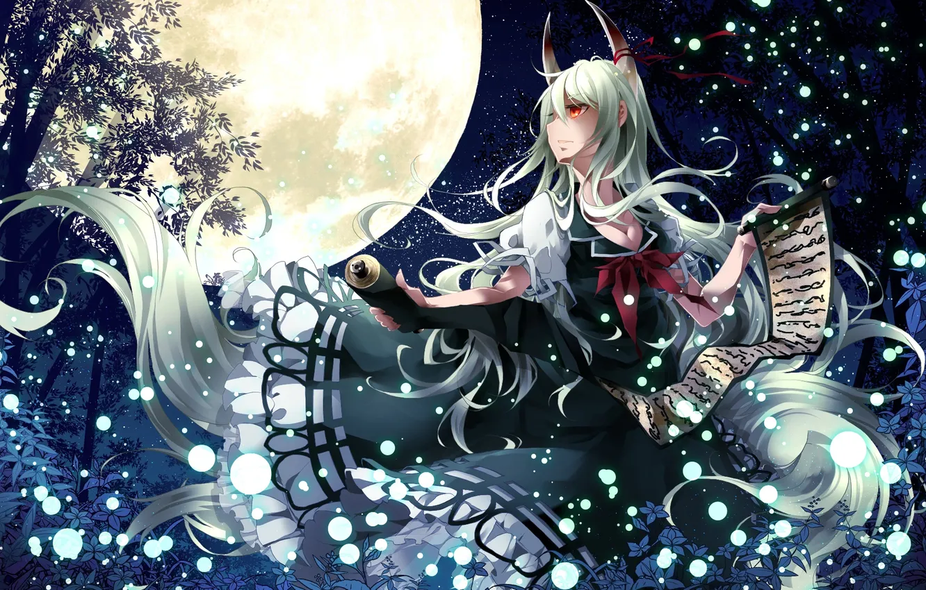 Photo wallpaper girl, stars, night, the moon, the demon, scroll