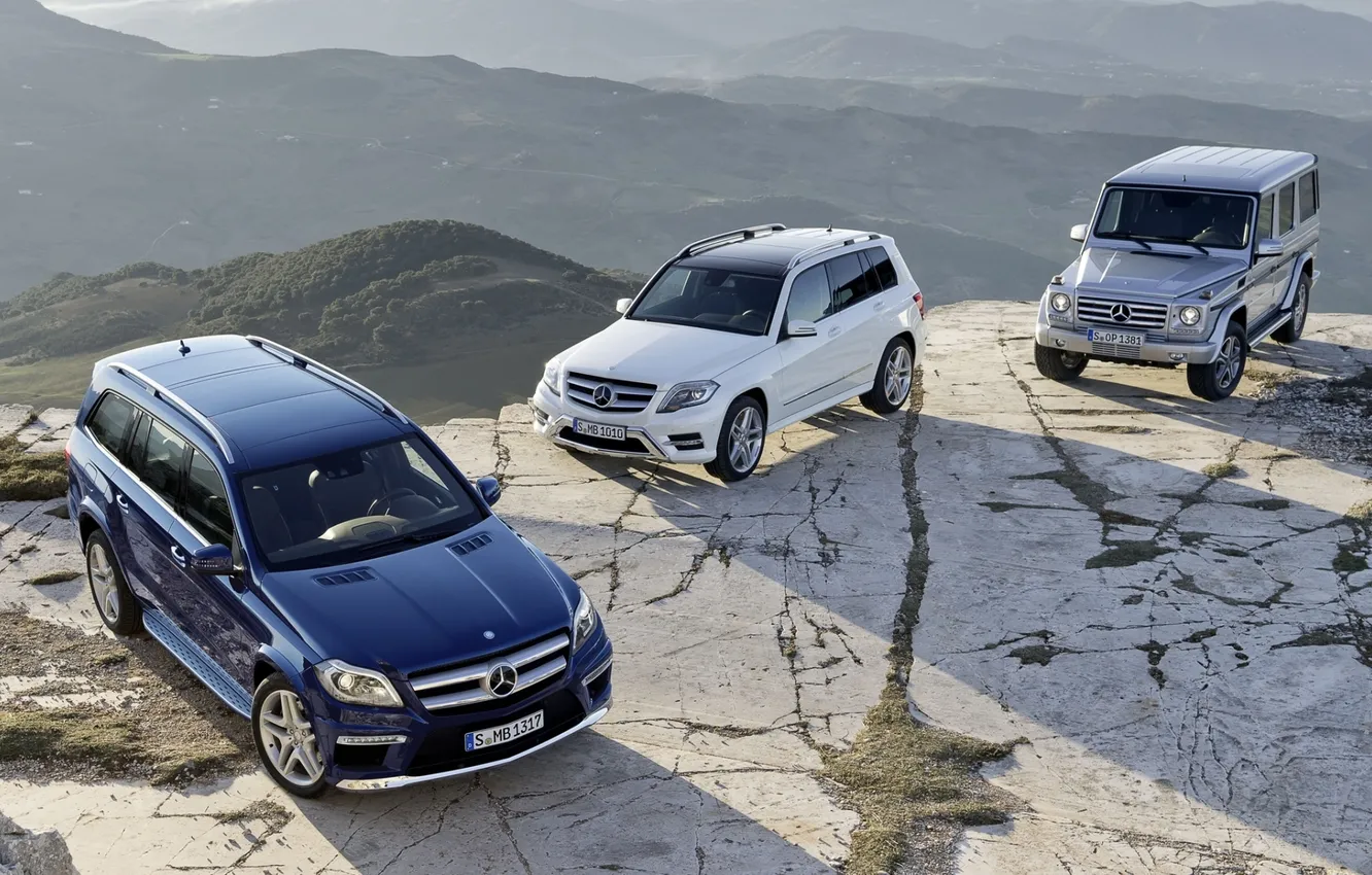 Photo wallpaper mountains, rocks, Mercedes-Benz, jeep, SUV, crossover, GLK-class, G-Class