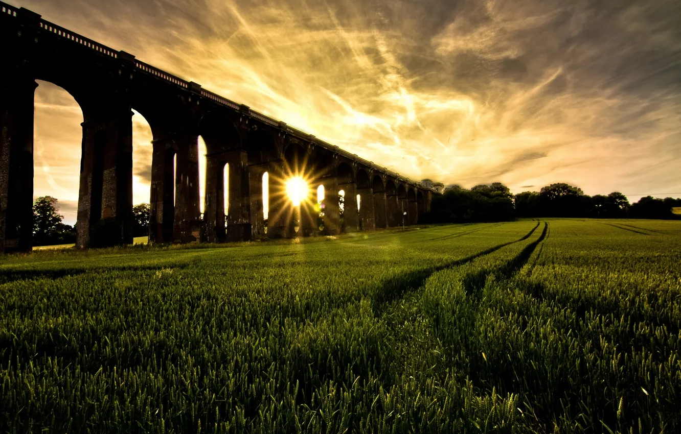 Photo wallpaper field, the sky, the sun, nature, construction, viaduct