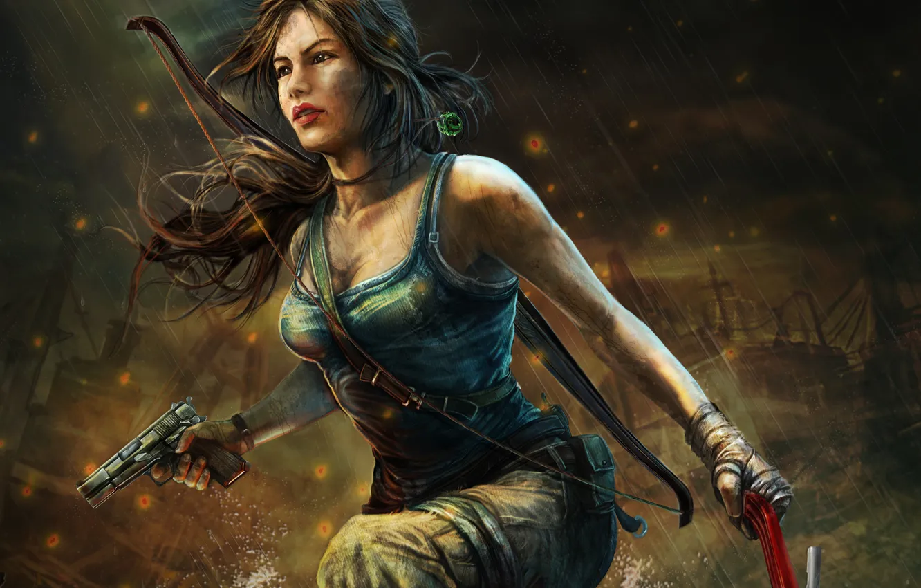 Photo wallpaper girl, gun, rain, Tomb Raider