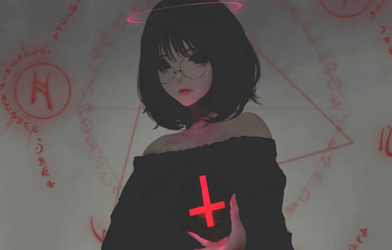 Photo wallpaper cross, schoolgirl, spell, pentagram, black hair, black magic, the evil eye, by Aoi Ogata