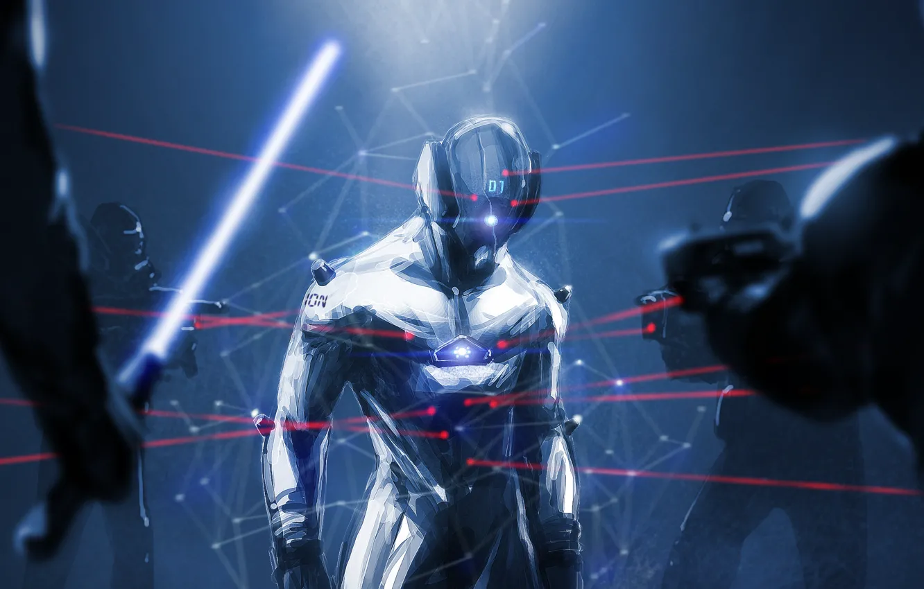 Photo wallpaper dark, people, hero, costume, helmet, laser sight, under the gun, surrounded by