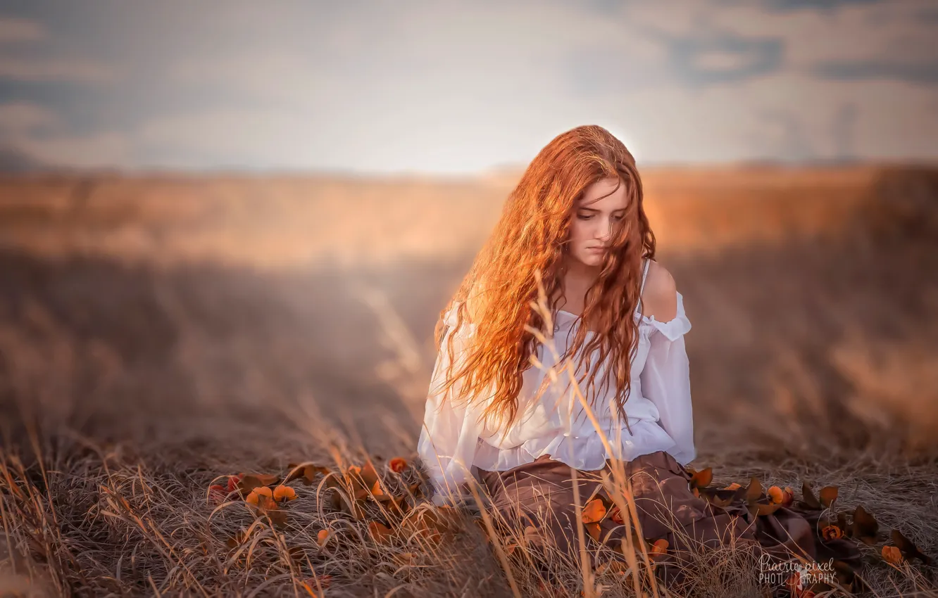 Photo wallpaper grass, girl, flowers, mood, hair, blouse, red, redhead