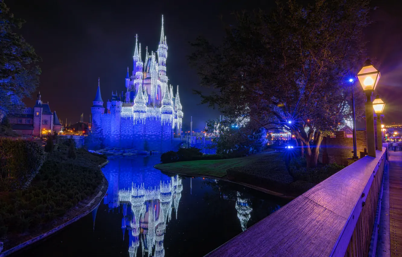 Photo wallpaper Park, Disneyland, lights, castle, night