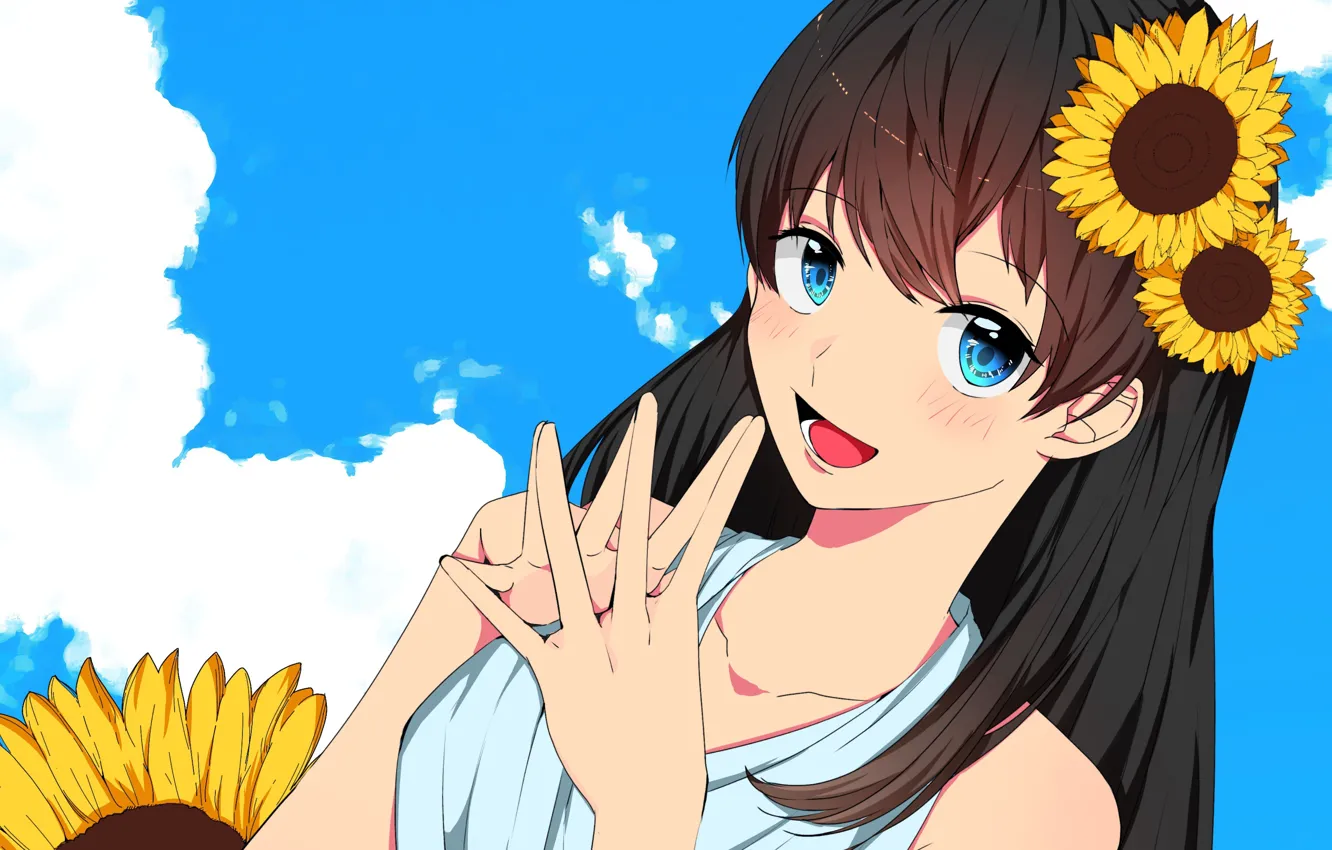 Photo wallpaper the sky, girl, sunflowers, by 萌