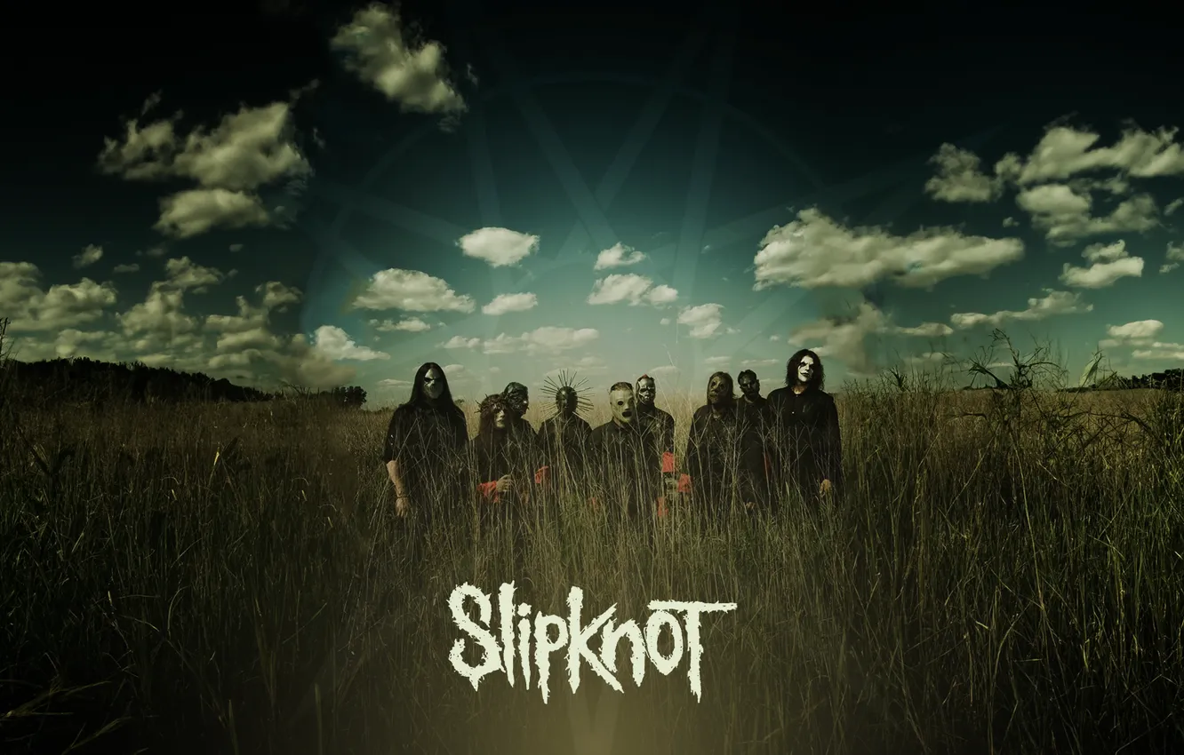 Photo wallpaper music, sky, field, clouds, Slipknot, band, standing, metal band