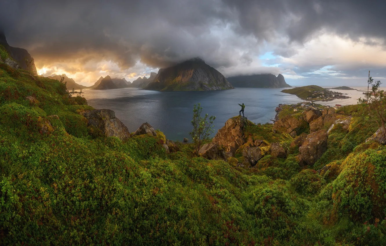 Photo wallpaper clouds, landscape, mountains, nature, rocks, vegetation, Norway, the fjord