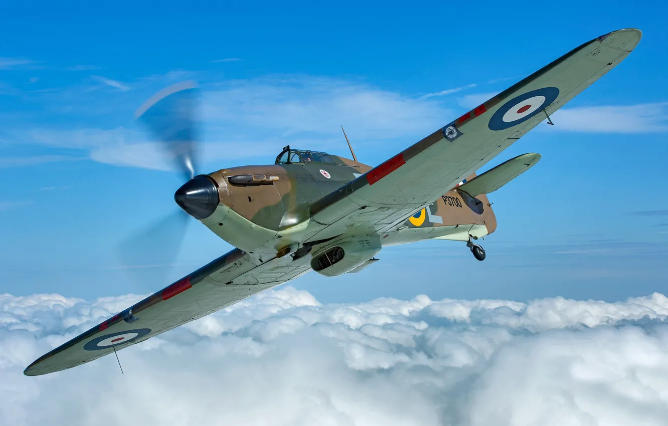 Photo wallpaper Clouds, Fighter, Hawker Hurricane, Hurricane, RAF, The Second World War, Hawker Hurricane MK1