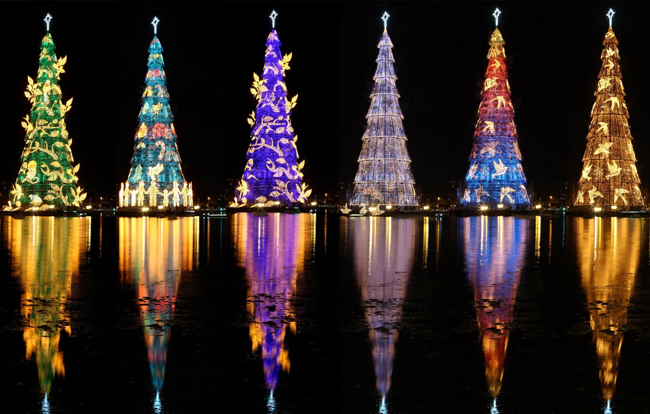 Photo wallpaper lights, tree, Christmas, Brazil, Rio de Janeiro, lagoon Rodrigo Freitas