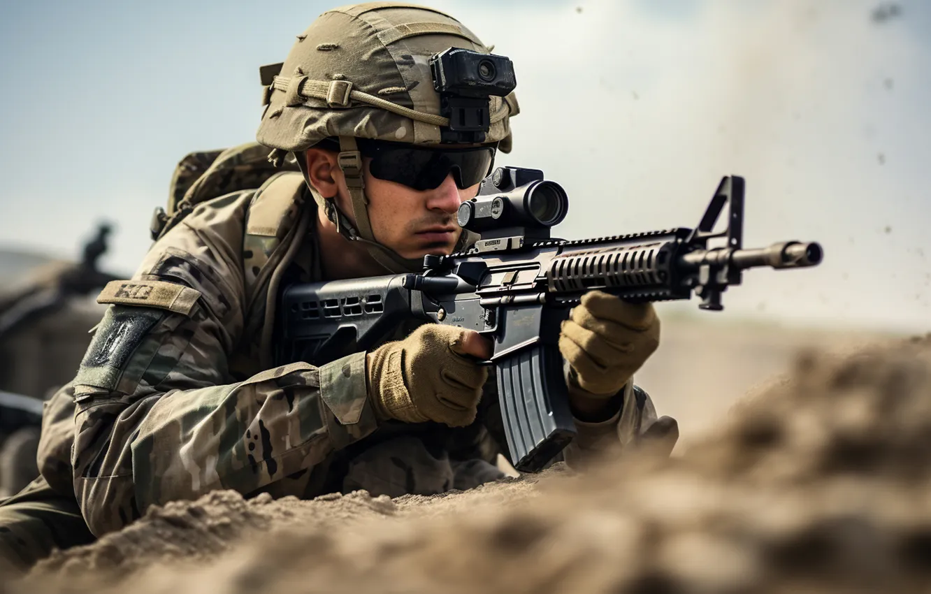 Photo wallpaper glasses, soldiers, machine, gloves, helmet, digital art, AI art, The Art of Artificial Intelligence